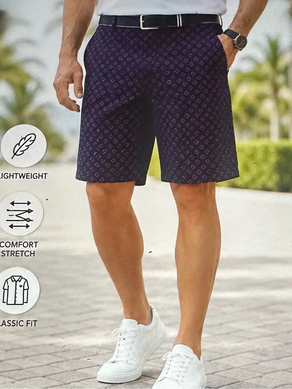 Men's Navy and Pink  Patterned Stretch Shorts